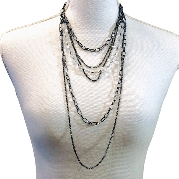 Fancy Silver Tone Multi Layered Necklace Women’s Beads Necklace Costume Jewelry - Picture 2 of 2